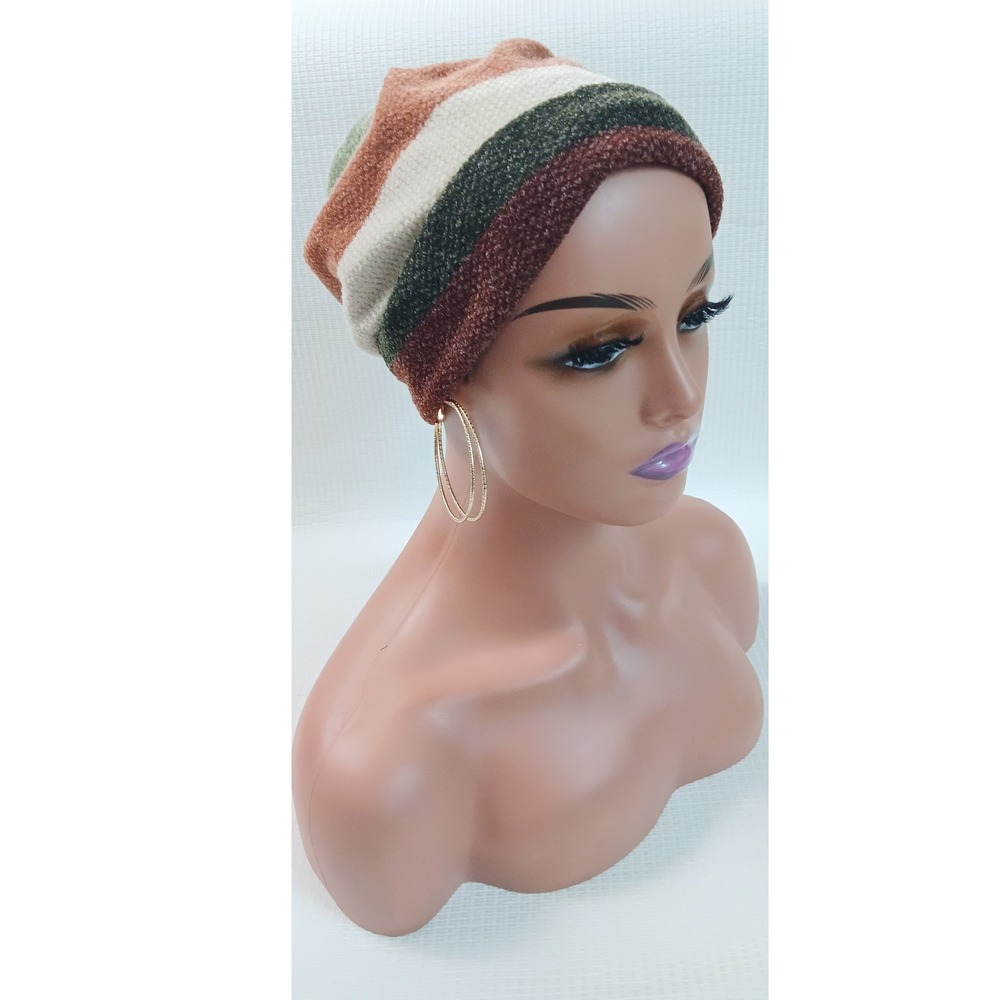Handmade Striped Cuffed Beanie Multi-Color Earth Tone Knit Slouchy Winter Hat - Picture 2 of 7